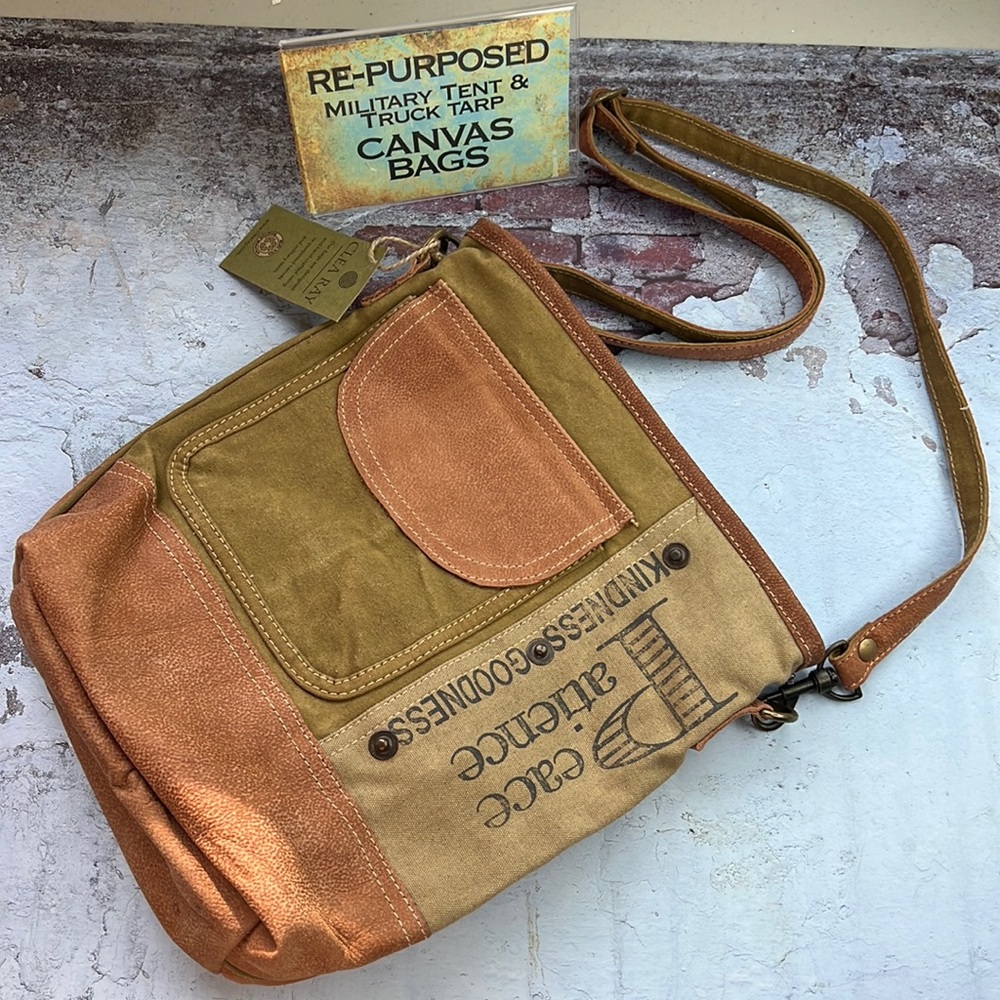 🆕Clea Ray Repurposed Canvas Crossbody Shoulder Bag Peace Patience Kindness
